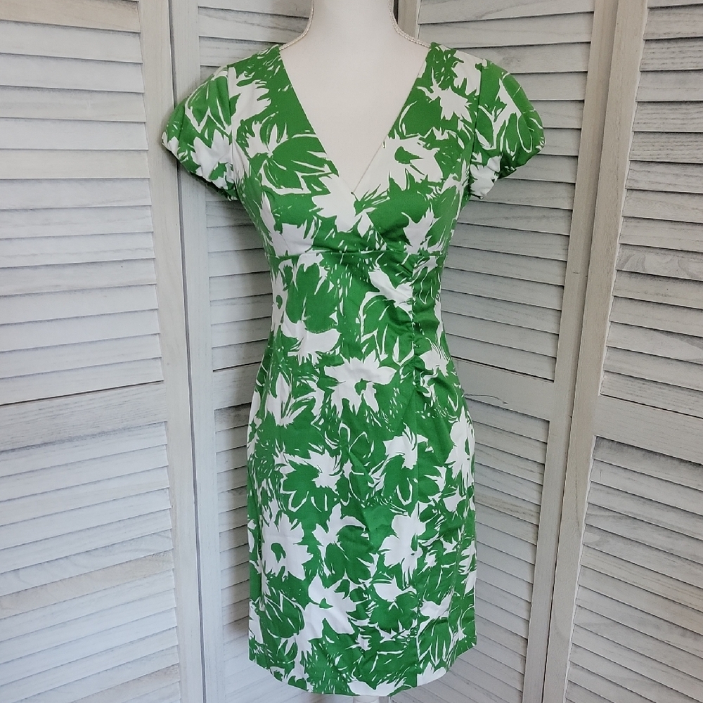 Donna Ricco Womens Green/White Floral Stretch V-neck Top Wrap Mini Fitted Dress